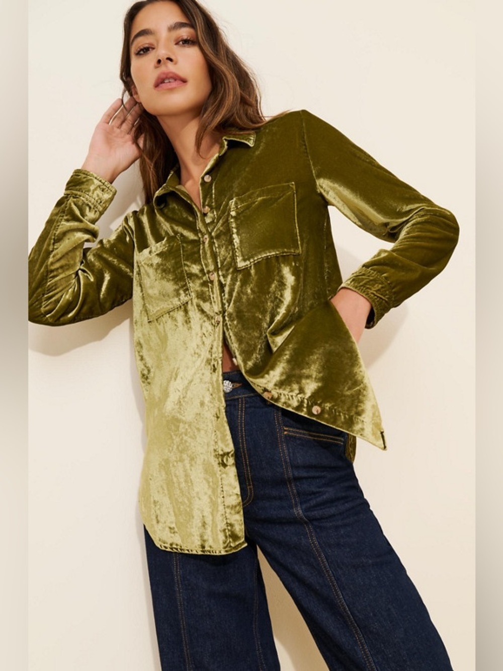 Pilcro Anthropologie The Hadley Relaxed Buttondown Shirt Velvet Edition Moss XL‎